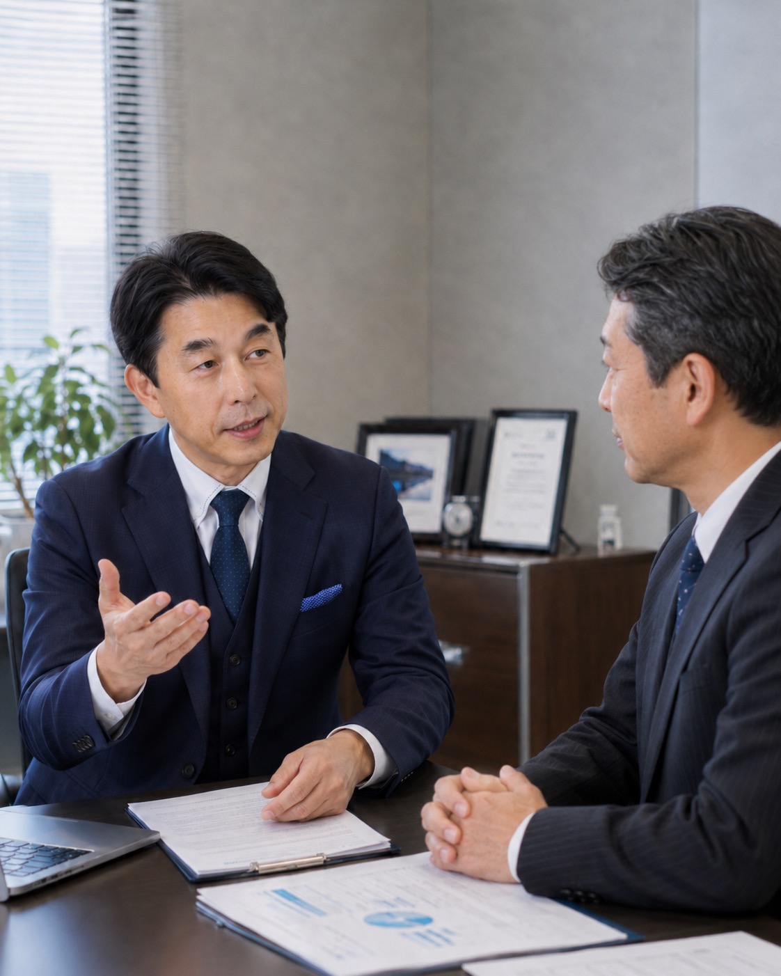 顧問先を訪問し、経営者と打ち合わせをする佐藤浩秋